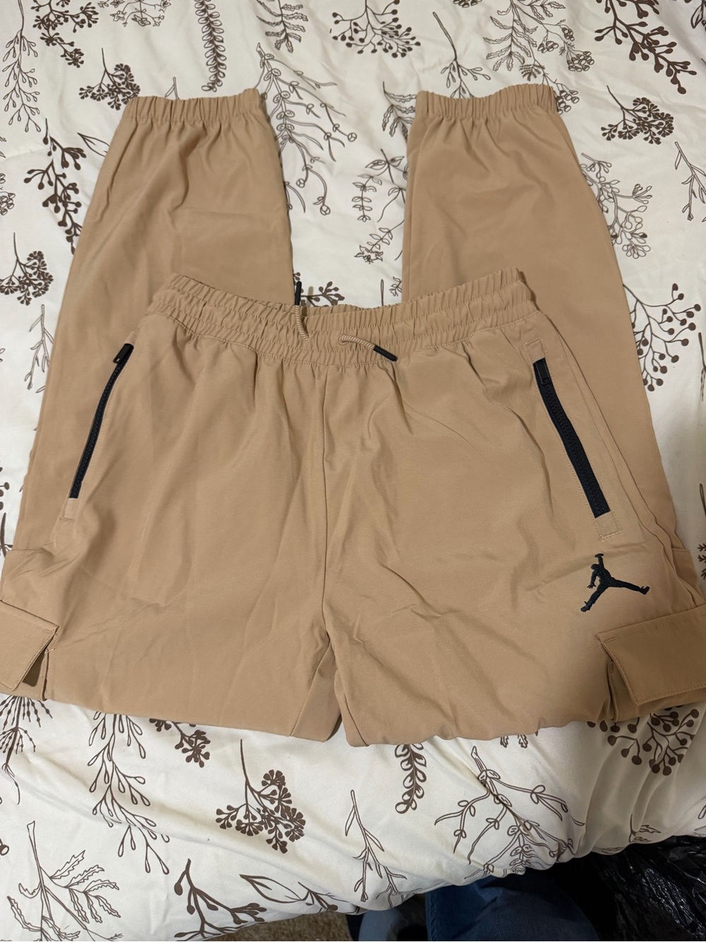 Nike Girls Tan Cargo Joggers with Black Zip Accents